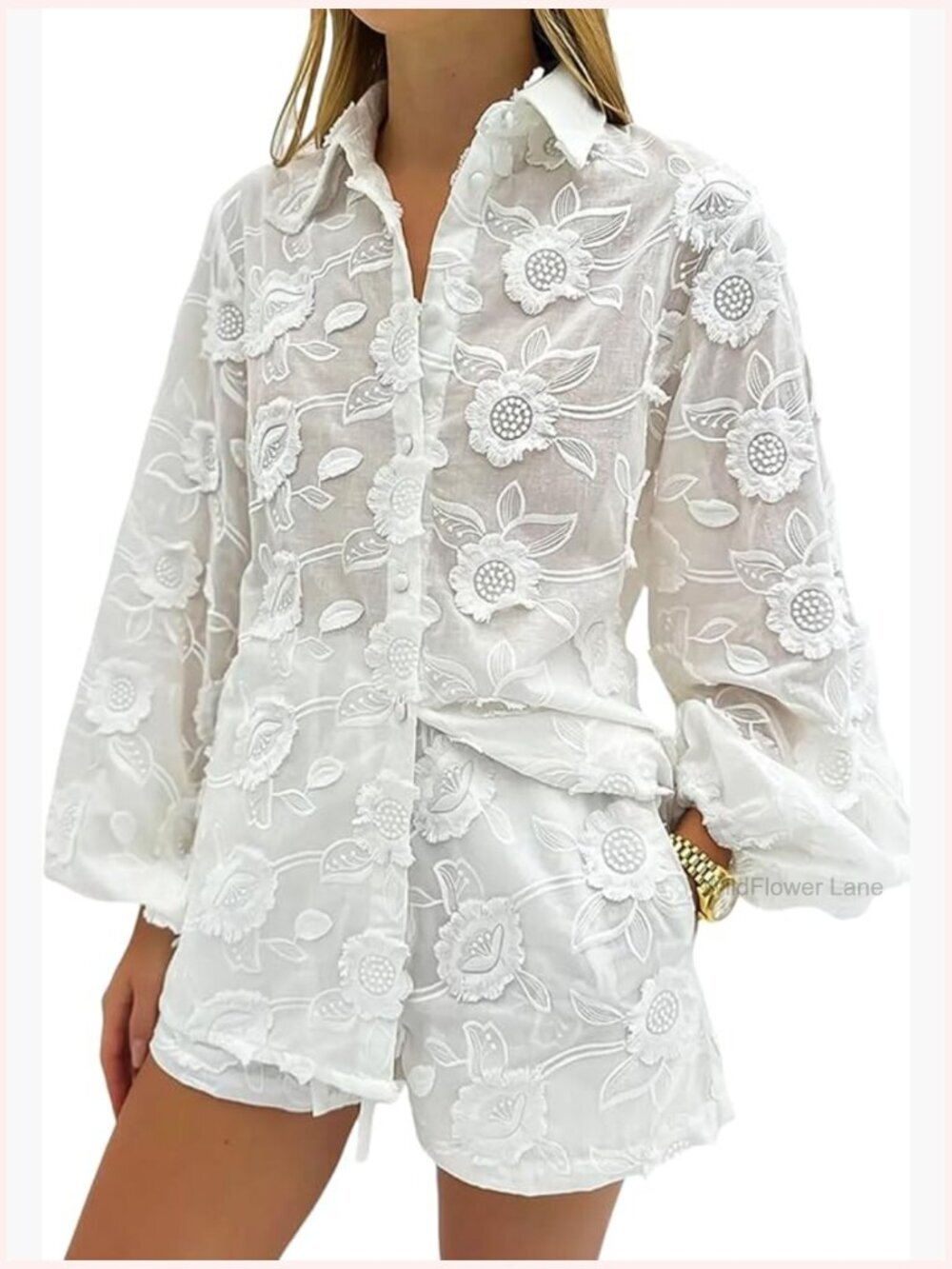 Women's 2 Piece Lace Shorts Set Long Sleeve Blouse Floral Embroidery Casual